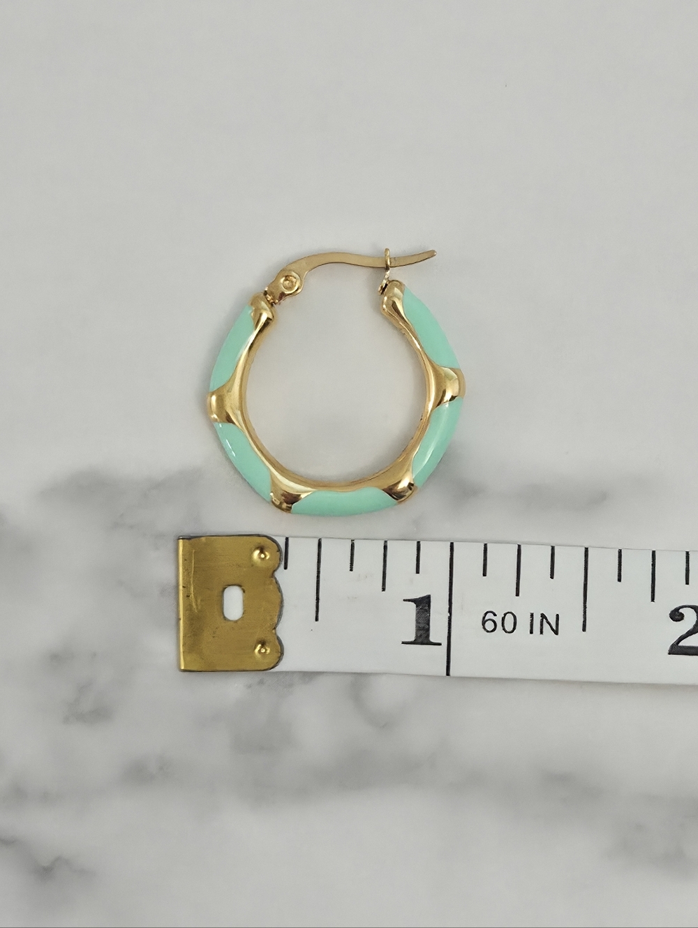 Gold & Vibrant Mint Green Enamel Bamboo Style Hoop Earrings Women Jewelry - Picture 7 of 10